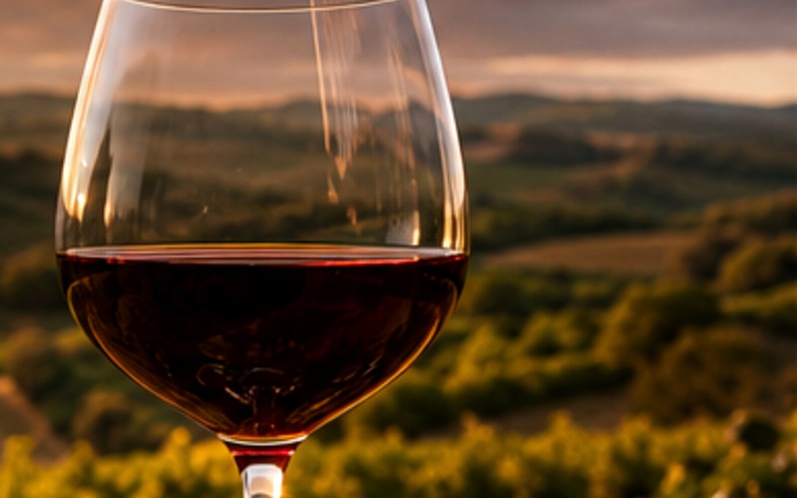 A glass of Spanish red wine overlooking vineyard hills