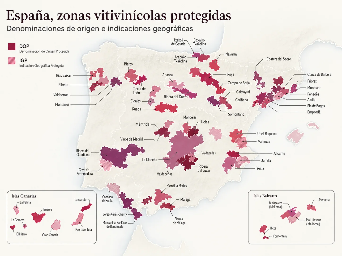 Map of protected Spanish wine areas with labels for major denominations