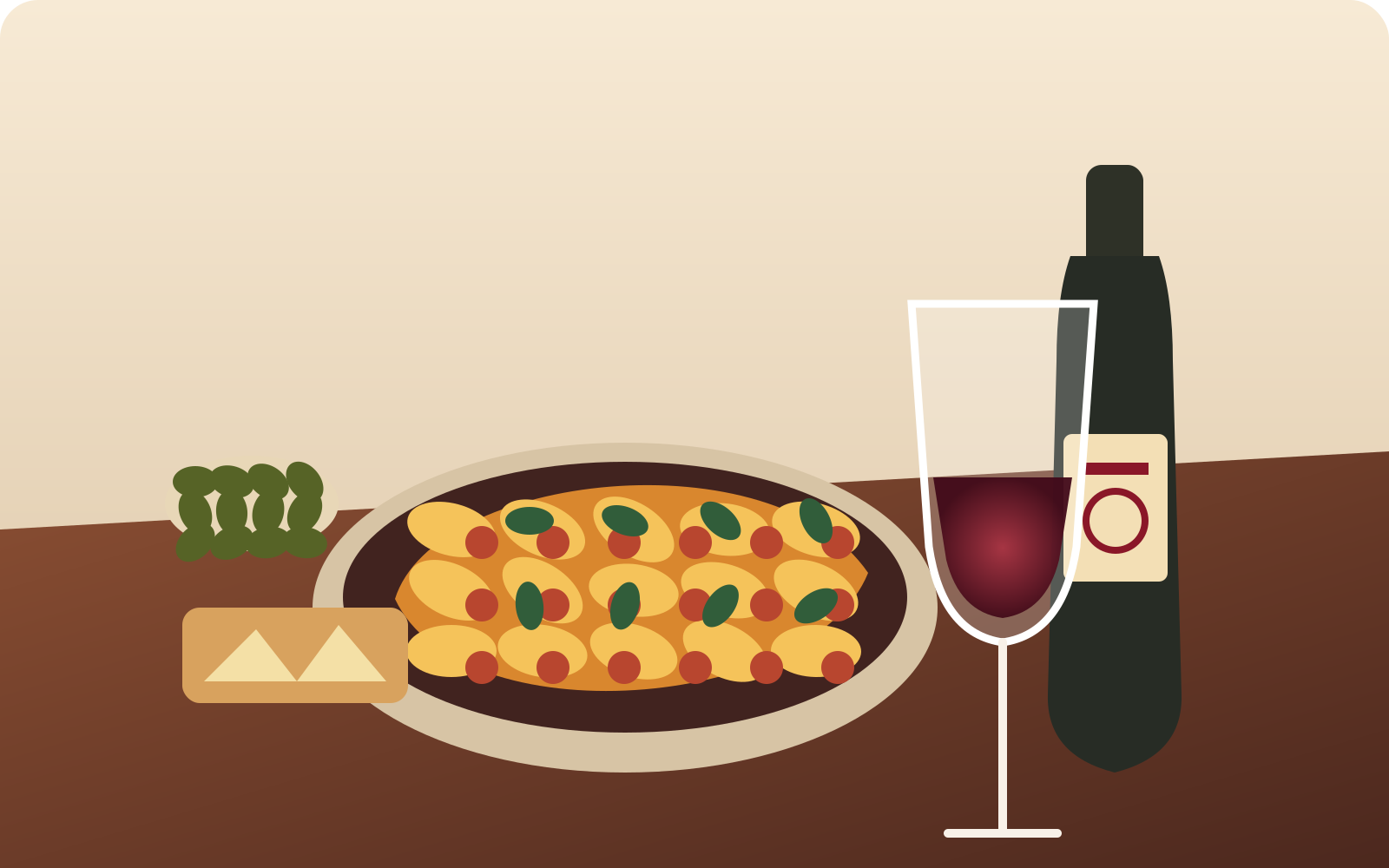 Illustration of paella, Spanish wine and tapas