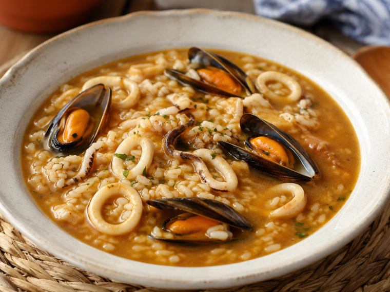 Spanish Brothy Rice with Squid, Mussels, and Prawns