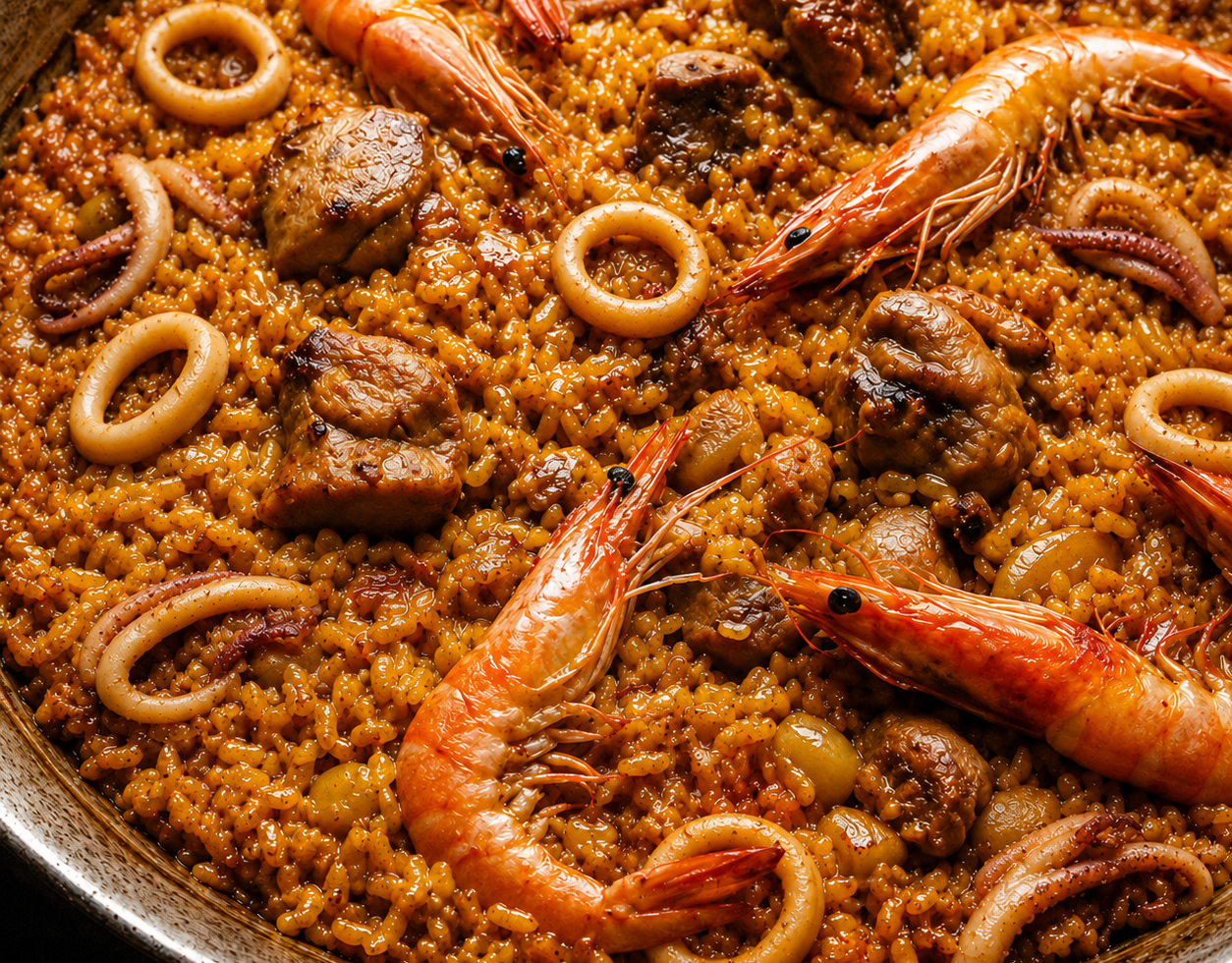 Easy Mixed Paella with Shrimp, Squid, and Pork