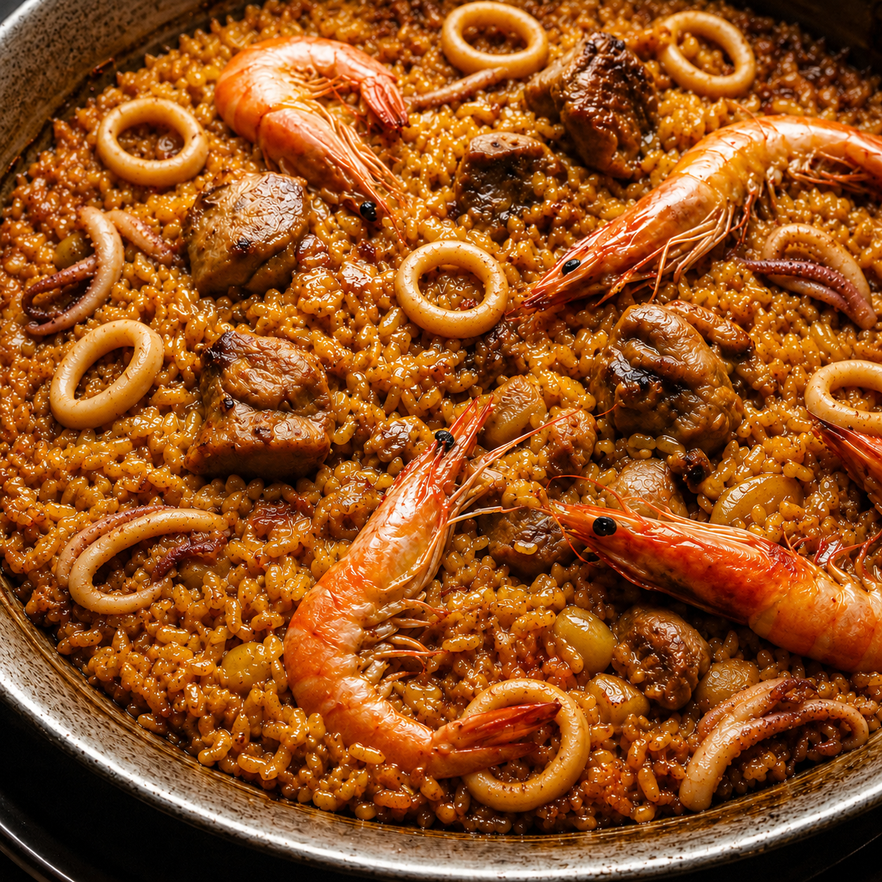 Easy Mixed Paella with Shrimp, Squid, and Pork