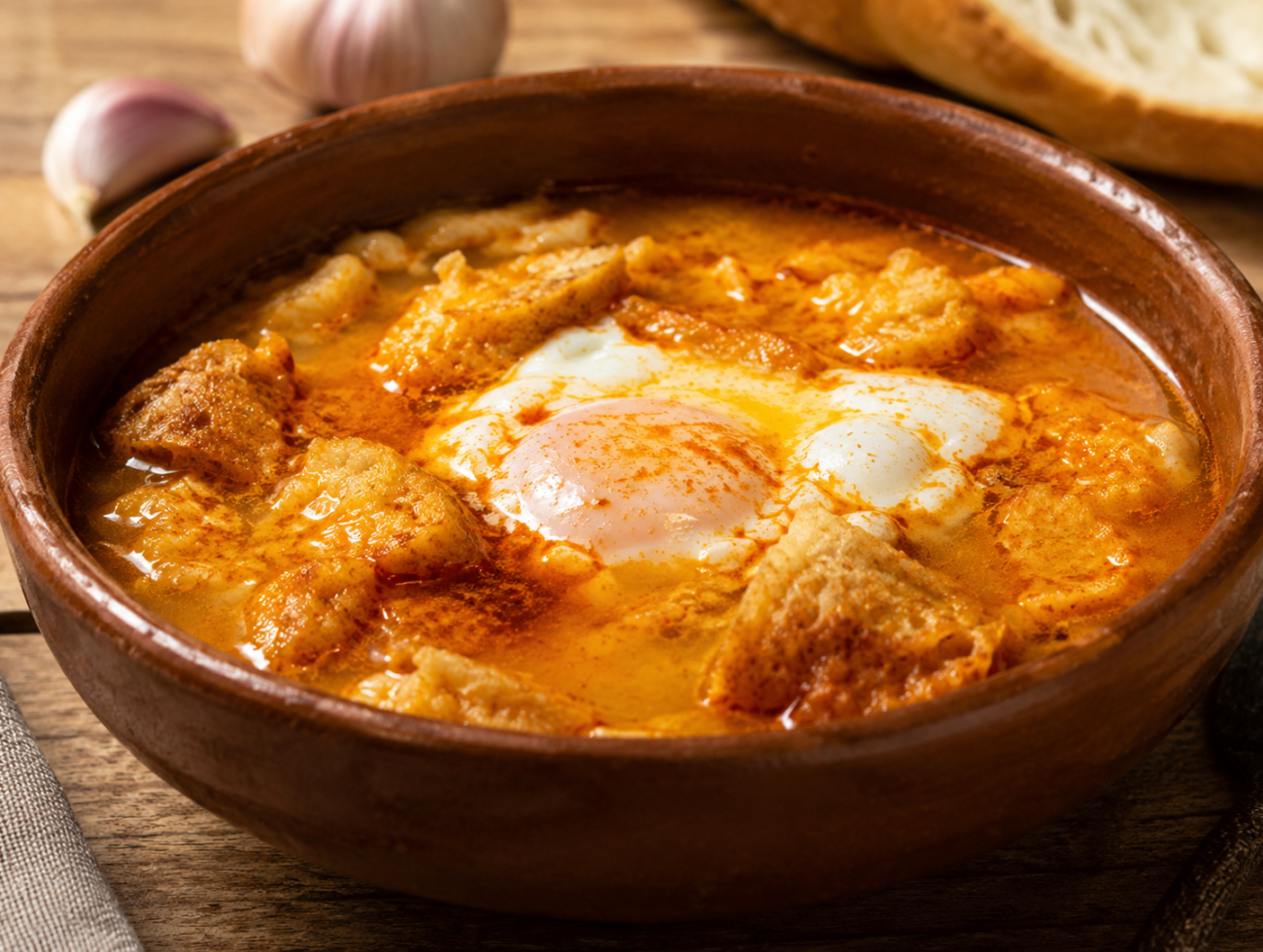 Castilian Garlic Soup with Chorizo, Ham, and Egg