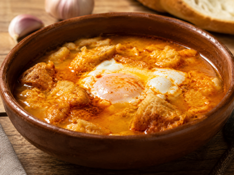 Castilian Garlic Soup with Chorizo, Ham, and Egg