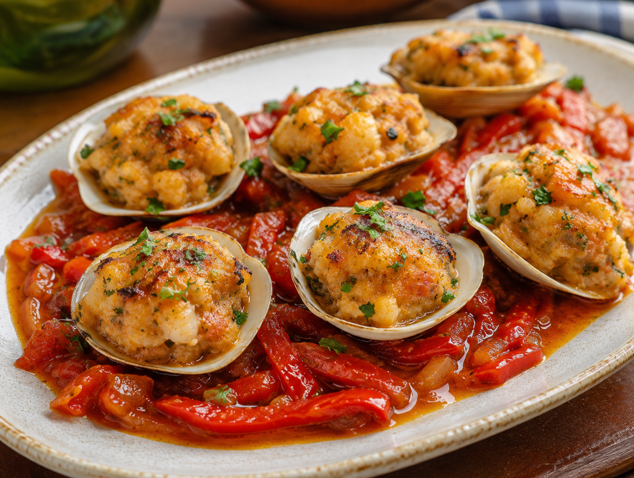 Shrimp-Stuffed Clams with Piperrada